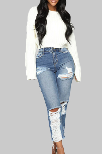 Street Solid Ripped Patchwork Pocket Buttons Zipper High Waist Straight Denim Jeans