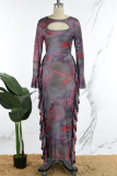 Multicolor Casual Daily Elegant Mixed Printing Patchwork Flounce Fold Printing Contrast Boat Neck Long Sleeve Dresses