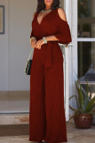 Casual Solid Hollowed Out V Neck Regular Jumpsuits