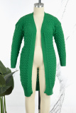 Plus Size Green Casual Daily Elegant Cardigan Solid Color Cardigan Collar