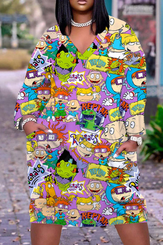 Casual Cartoon Print Basic V Neck Long Sleeve Dresses