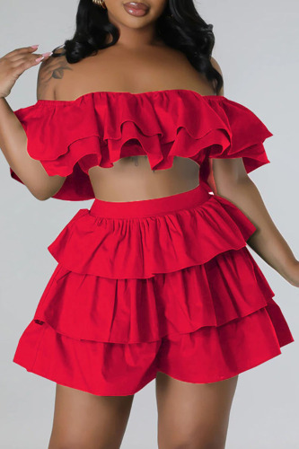Burgundy Sexy Street Solid Patchwork Flounce Off the Shoulder Short Sleeve Two Pieces