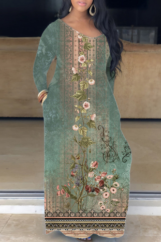 Casual Print Basic V Neck Long Sleeve Dresses