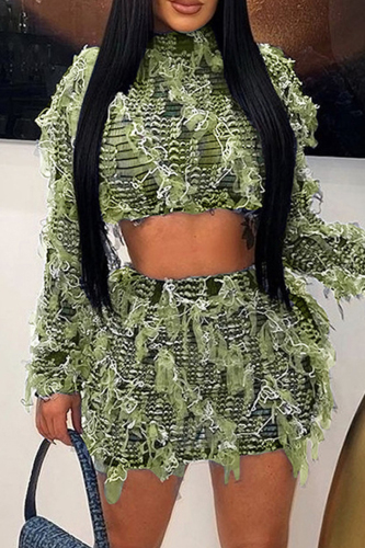 Street Tassel Patchwork Weave O Neck Long Sleeve Two Pieces Street Tassel Patchwork Weave O Neck Long Sleeve Two Pieces