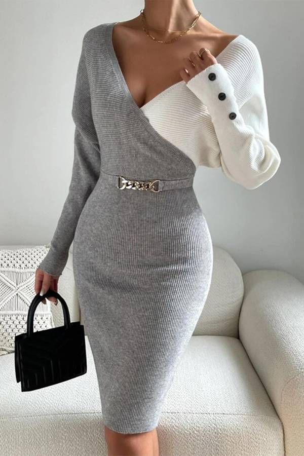 Sexy Solid Metal Accessories Decoration Contrast V Neck Wrapped Skirt Dresses