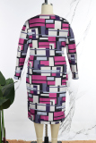 Elegant Color Block Patchwork O Neck Printed Dress Plus Size Dresses