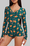 Sexy Print Patchwork Buckle V Neck Skinny Rompers