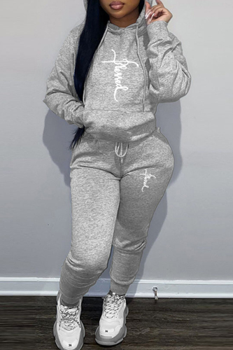Casual Print Basic Hooded Collar Plus Size Two Pieces