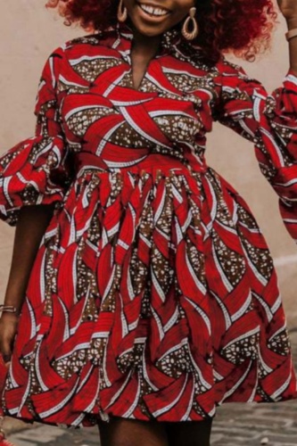 Casual Print Patchwork V Neck Long Sleeve Dresses (Subject To The Actual Object )