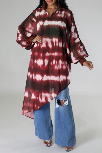 Burgundy Casual Print Tie Dye Asymmetrical Zipper Collar Tops