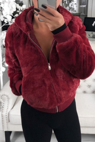 Rabbit Hair Fur Street Solid Patchwork Hooded Collar Outerwear