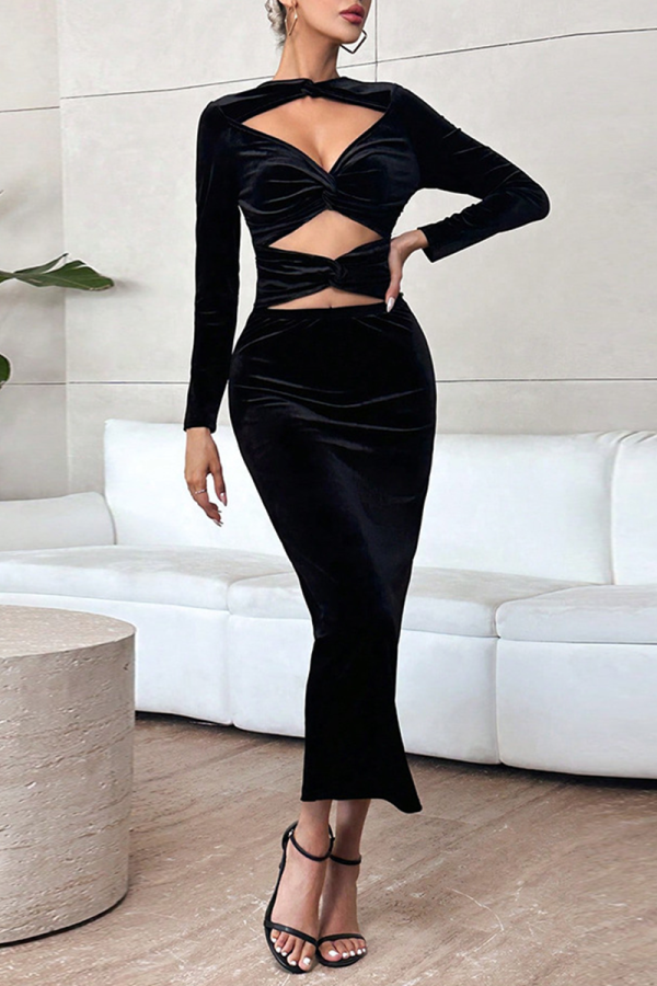 Sexy Solid Hollowed Out O Neck Wrapped Skirt Dresses