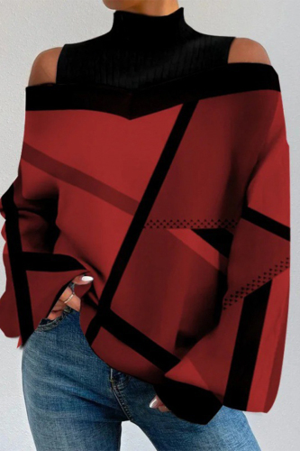 Casual Geometric Printing Half A Turtleneck Tops