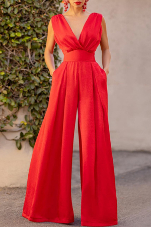 Sexy Casual Solid Pocket V Neck Loose Jumpsuits