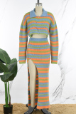 Casual Striped Patchwork Turndown Collar Long Sleeve Two Pieces
