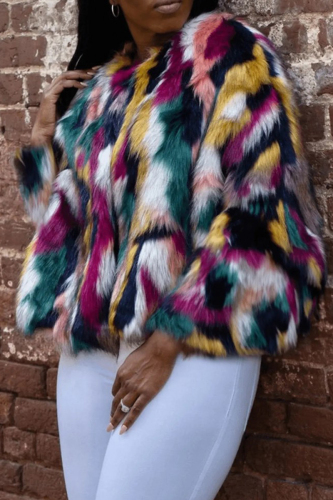 Faux Fur Sweet Color Block Patchwork Cardigan Collar Outerwear