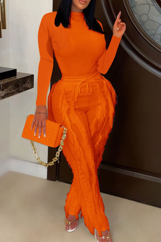 Tangerine Red Street Solid Tassel Patchwork Draw String O Neck Long Sleeve Two Pieces