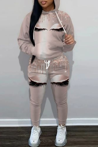 Casual Print Basic Hooded Collar Long Sleeve Two Pieces
