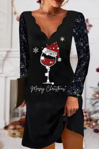 Casual Print Sequins Patchwork V Neck Long Sleeve Dresses