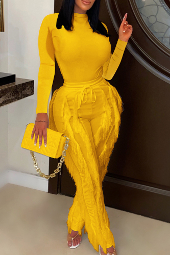 Yellow Street Solid Tassel Patchwork Draw String O Neck Long Sleeve Two Pieces