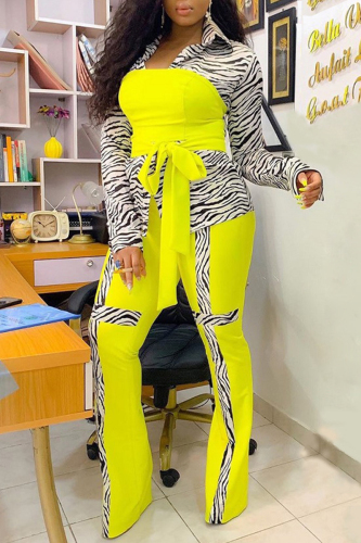 Casual Print Patchwork Frenulum Turndown Collar Long Sleeve Two Pieces