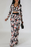 Elegant Print Patchwork Buckle V Neck Long Sleeve Two Pieces