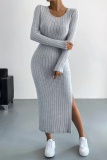 Casual Solid Slit O Neck Long Sleeve Dresses