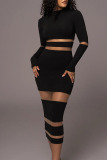Sexy Solid Patchwork See-through Half A Turtleneck Pencil Skirt Dresses