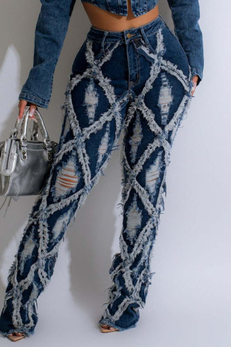 Sexy Solid Ripped Patchwork Buttons Zipper High Waist Boot Cut Denim Jeans