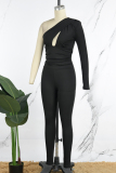 Sexy Solid Hollowed Out Backless Oblique Collar Skinny Jumpsuits
