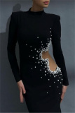 Sexy Casual Patchwork See-through Beading Half A Turtleneck Long Sleeve Dresses