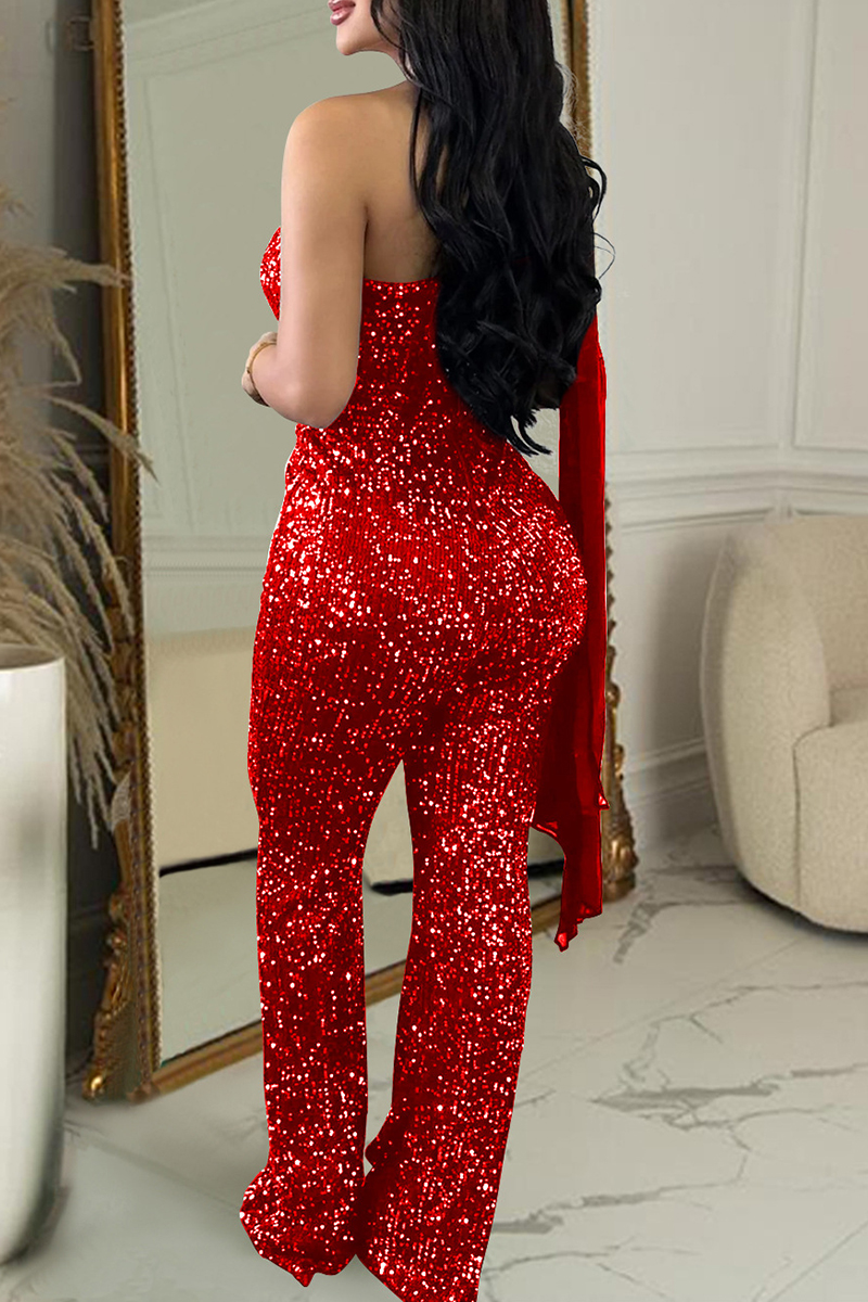 Wholesale Casual Patchwork Sequins Backless Oblique Collar Skinny Jumpsuits K92669 Online 6749