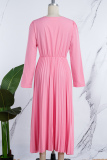 Pink Casual Solid Frenulum Pleated V Neck Long Sleeve Dresses