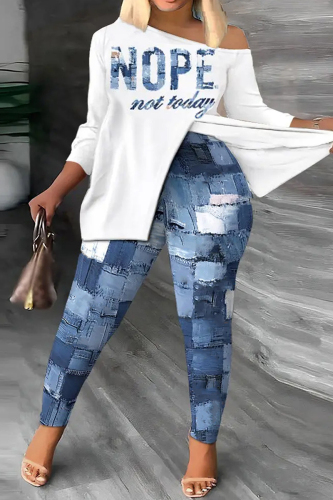 Casual Letter Print Slit Oblique Collar Long Sleeve Two Pieces