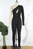 Sexy Solid Hollowed Out Backless Oblique Collar Skinny Jumpsuits
