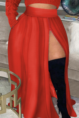 Casual Solid Patchwork Slit Zipper Plus Size High Waist Skirt