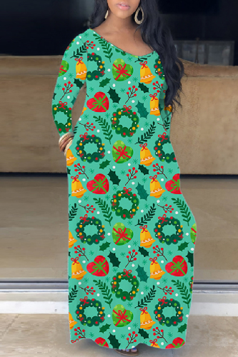 Casual Print Basic V Neck Long Dress Dresses