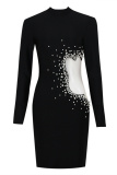 Sexy Casual Patchwork See-through Beading Half A Turtleneck Long Sleeve Dresses