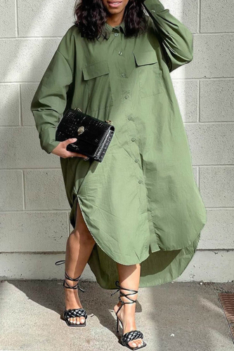 Casual Solid Patchwork Turndown Collar Shirt Dress Plus Size Dresses