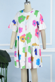 Casual Print Patchwork Buttons O Neck Shirt Dress Dresses