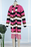 Casual Color Block Tassel Patchwork Cardigan Collar Outerwear（With A Scarf）