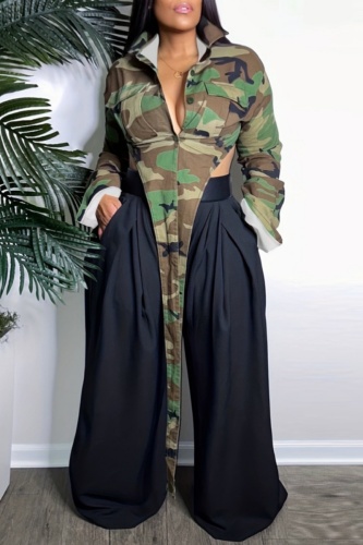 Casual Camouflage Print Asymmetrical Turndown Collar Outerwear