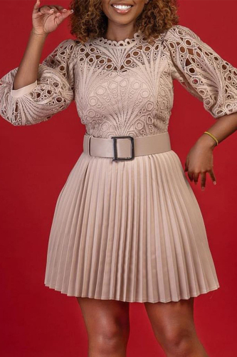 Apricot Elegant Solid Hollowed Out Patchwork With Belt Pleated O Neck A Line Dresses（Belt Included）