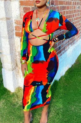 Casual Print Hollowed Out Patchwork Asymmetrical Collar Sheath Dresses