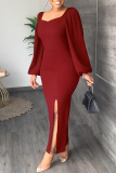 Burgundy Fashion Casual Solid Slit Square Collar Long Sleeve Dresses