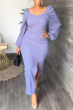 Purple Fashion Casual Solid Slit Square Collar Long Sleeve Dresses