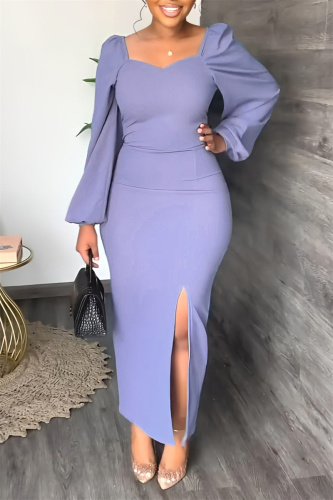 Purple Fashion Casual Solid Slit Square Collar Long Sleeve Dresses