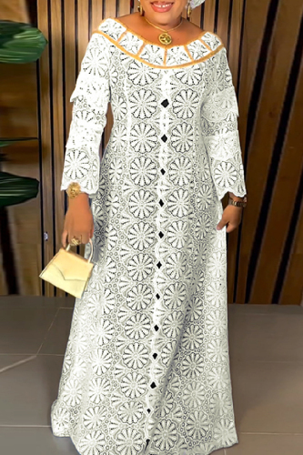 Casual Solid Hollowed Out Patchwork O Neck Long Dress Plus Size Two Pieces