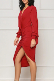 Sexy Solid Patchwork High Opening Fold V Neck Long Sleeve Dresses