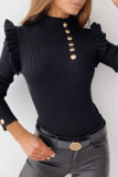 British Style Solid Buttons Flounce Turtleneck Tops